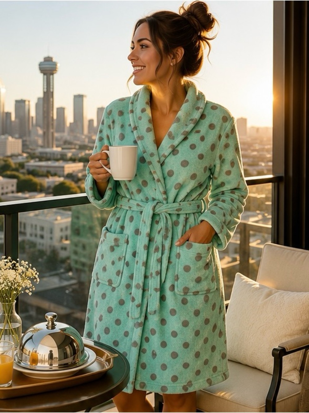 Hotel Spa Collection Plush Polka Dot Robe Mint Gray Belted